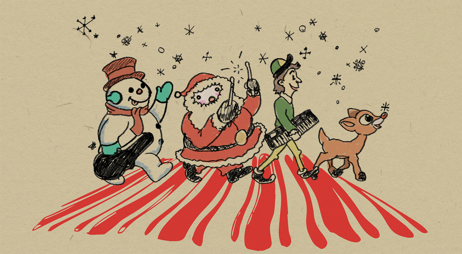 christmas themed characters holding instruments walk across a candy-cane themed crosswalk
